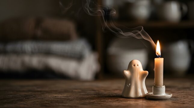 A small ghost figurine standing next to a lit candle with smoke rising from wick on rustic wooden table, blurred background.