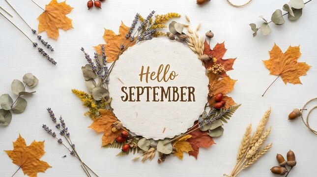 Autumn wreath with leaves and Hello September message on white background