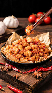 Stir-fried chicken cartilage with chili peppers on a wooden table
