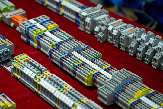 Various Electrical Terminal Blocks Mounted on Rails