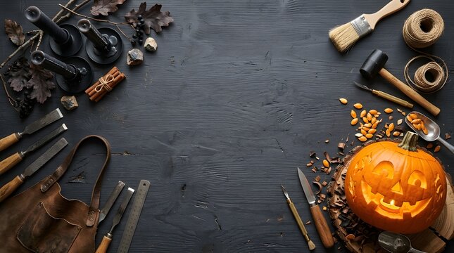 Carved pumpkin with tools and autumn leaves for Halloween, dark wood background provides copy space.