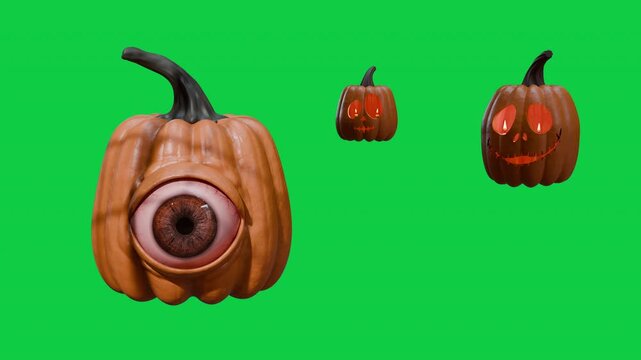 Group of three Halloween pumpkins featuring creepy cyclops eyeball pumpkin and glowing carved jack-o-lanterns on solid black background, 4K 3D animation of spooky monster lanterns for October 31 horro