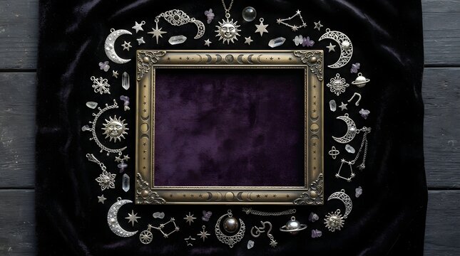 Ornate gold picture frame surrounded by celestial charms and crystals on velvet for mystical decor.