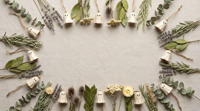 Cute ceramic ghost ornaments hang with dried flowers and eucalyptus for a festive Halloween border.