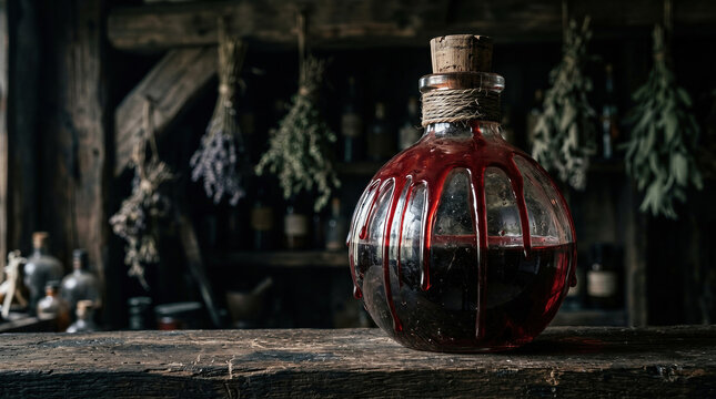 Potion bottle with red liquid dripping down glass on rustic wooden table in dark apothecary. Magic elixir for Halloween celebration. Scary witch drink for dark fantasy mystery decor.
