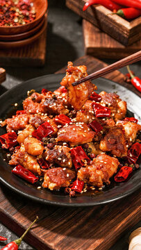 Stir-fried spicy chicken with dried chili peppers and sesame seeds