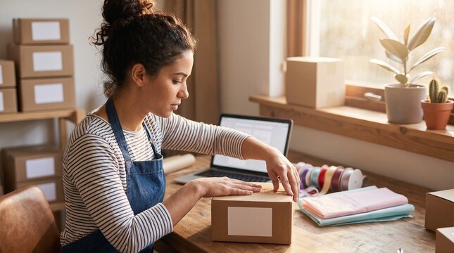 Woman in denim apron placing label on cardboard box in craft workshop