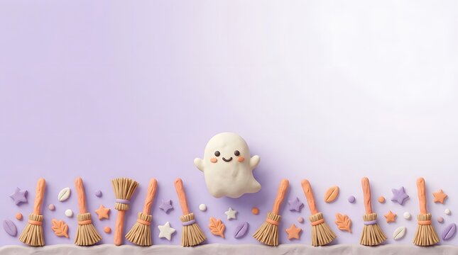Clay style halloween border with cute ghost and witch brooms.