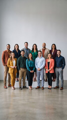 Obraz premium Group of diverse professionals in business attire smiling, showcasing teamwork and collaboration in a modern office setting, symbolizing success and unity.