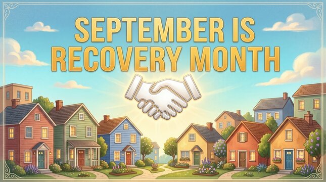 September is Recovery Month warm sunset banner with suburban community houses and handshake