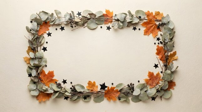 Autumn foliage border with eucalyptus leaves and maple branches on beige background for seasonal greeting card.