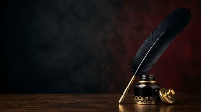Vintage black quill pen with ornate gold inkwell on dark wooden desk for historical writing concept.