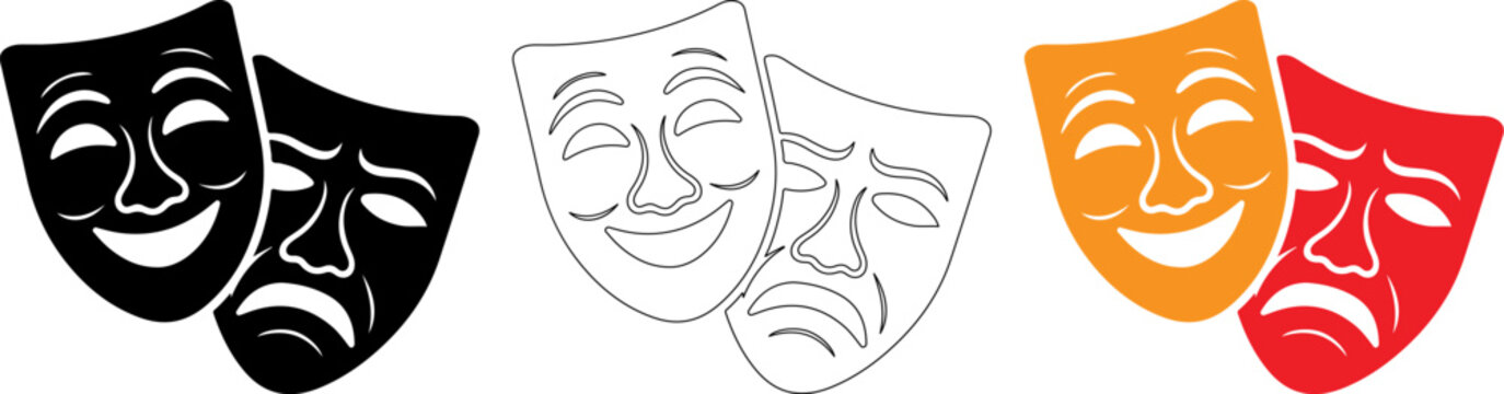 Comedy and tragedy theater masks set vector icons, drama and melpomene thalia acting symbol