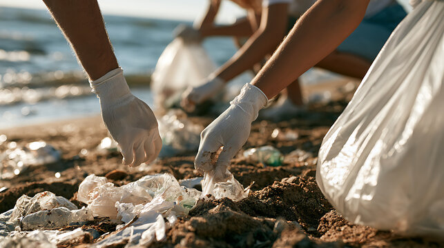Des personnes ramassent les d&eacute;chets sur une plage pendant une journ&eacute;e ensoleill&eacute;e