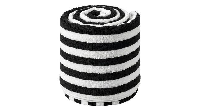Striped black and white rolled towel, soft cotton beach towel with nautical stripes, absorbent bathroom linen for spa and home decor isolated PNG with Transparent Background