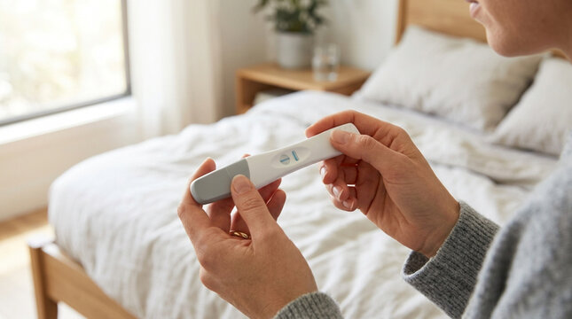 Woman holding positive pregnancy test with two pink lines