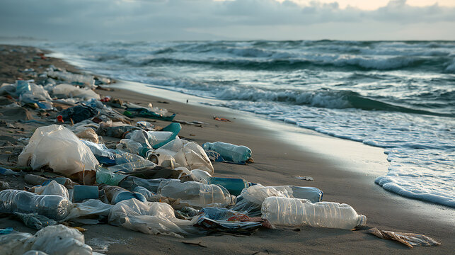 Des d&eacute;chets plastiques sur une plage au bord de l'oc&eacute;an &agrave; la fin de la journ&eacute;e