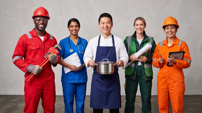 Diverse professionals in uniform, representing various essential services like healthcare, cooking, construction, and trades, symbolizing teamwork and essential workers.