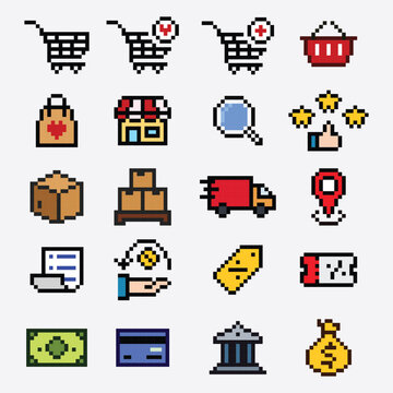 Pixel Art E-Commerce Shopping Icons Set, Online Store, Cart, Delivery, Payment, Retail Symbols