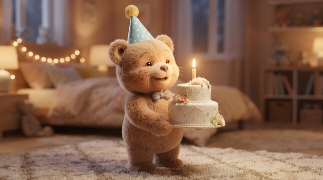 Adorable teddy bear celebrating birthday with cake in cozy bedroom