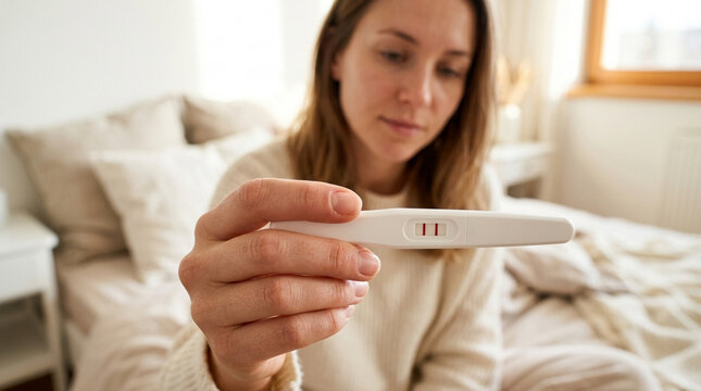 Woman holding positive pregnancy test, uncertain expression, bedroom background