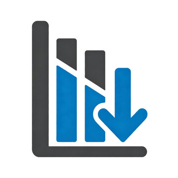 Bar chart icon displaying a downward trend with blue elements and a large arrow pointing down, symbolizing financial loss or economic decline.