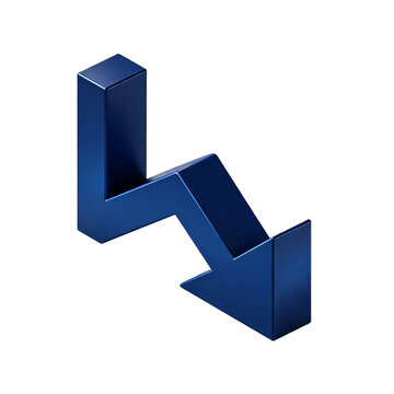 A shiny blue 3D arrow pointing downwards in a zigzag shape, symbolizing decline, financial loss, or a falling trend, set against a black background.