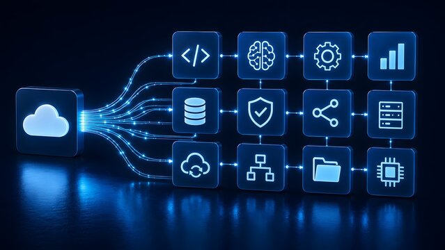 Conceptual cloud computing architecture displaying fiber optic connections feeding data into a grid of digital microservices and artificial intelligence systems