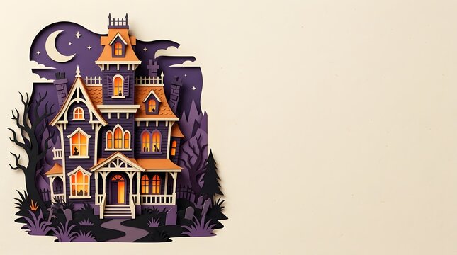 Spooky paper cut haunted house on pale beige copy space background for Halloween celebration banner.