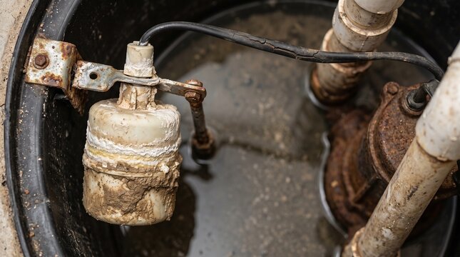 Sump pump system inside a basement basin. Close up view of a rusty water pump with a float switch and PVC pipes. Mechanical equipment for home drainage and flood prevention in a wet pit