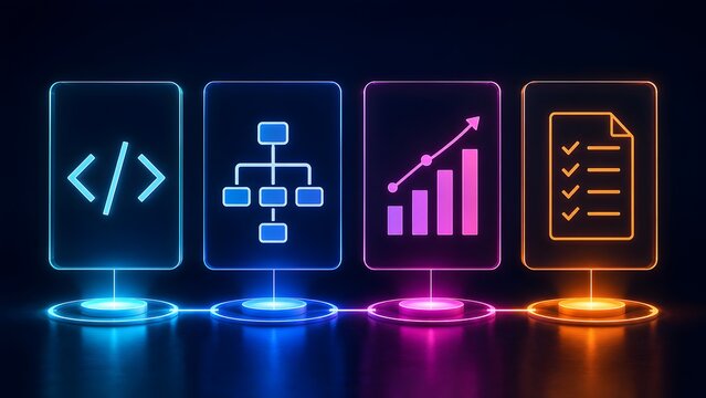 Glowing neon digital displays showing software development lifecycle with coding flowchart analytics and checklist symbols on dark reflective background