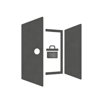 A dark minimalist 3D rendering of an open double door revealing a briefcase icon inside, symbolizing business opportunities or hidden professional work.