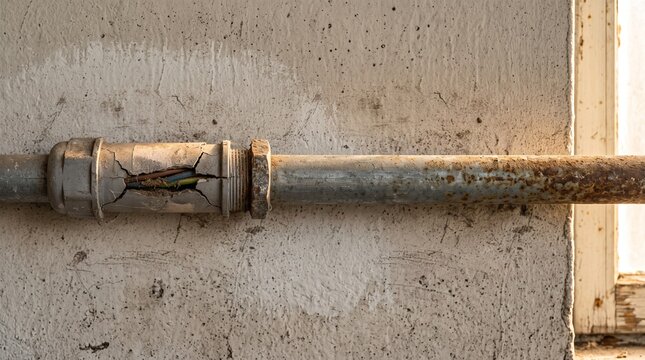 Broken electrical conduit and rusty pipe on a concrete wall. Damaged metal pipe showing exposed wiring inside. Rusty industrial plumbing. Horizontal pipe line against a rough cement surface