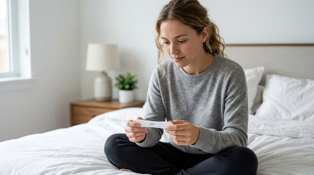 Woman holding pregnancy test result on bed, looking concerned or hopeful