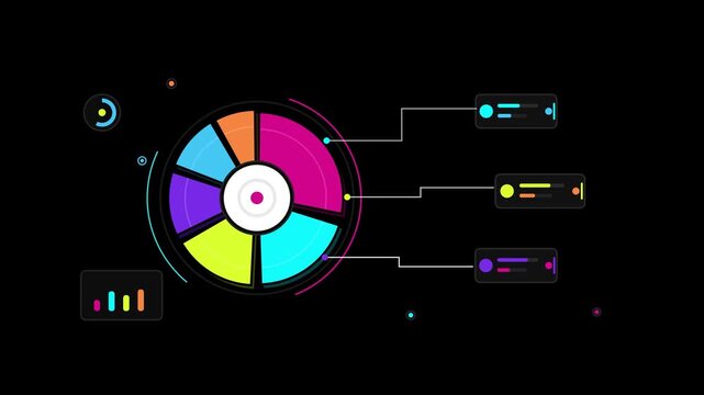 Neon digital pie charts showing data visualization metrics