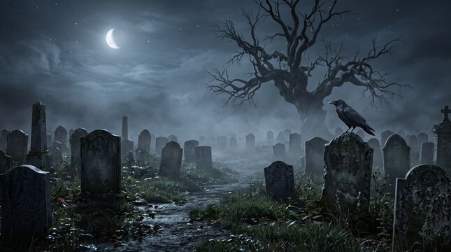 Spooky raven sitting on a tombstone in a dark graveyard at night with a full moon and a creepy silhouette tree