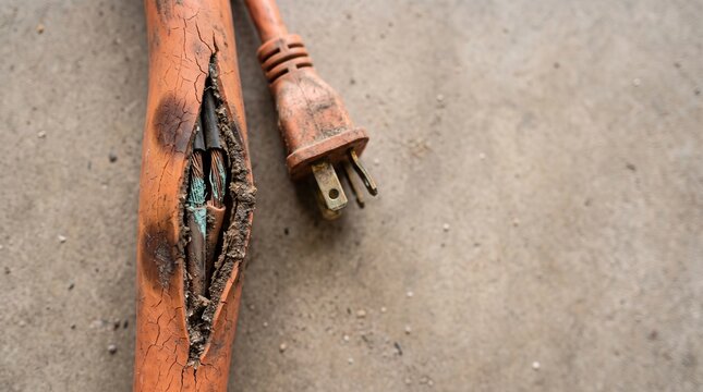 Damaged electrical power cord with frayed copper wires and cracked orange insulation. Dangerous frayed wire on concrete. Fire hazard concept photo showing worn extension cable and plug