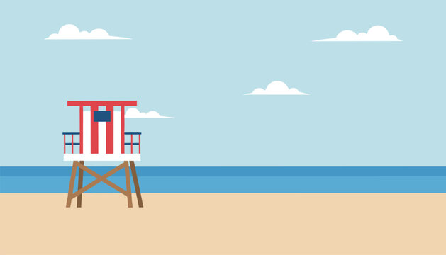 Lifeguard tower stands lonely on a calm sandy beach under a clear blue sky in this peaceful and minimalist coastal landscape scenery.