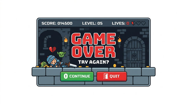 Retro video game screen displaying game over message with knight character and castle elements
