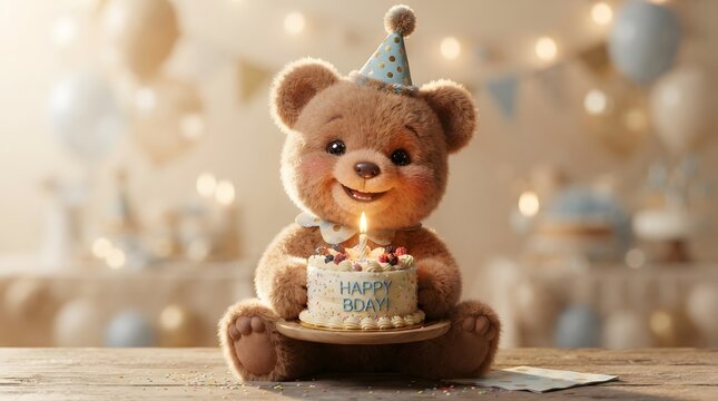 Cute teddy bear with birthday cake and candle in festive setting