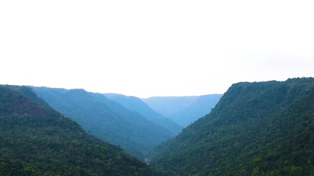 Scenic Khasi Hills range landscape at Meghalaya, Bangladesh India border mountains - aerial panning shot.