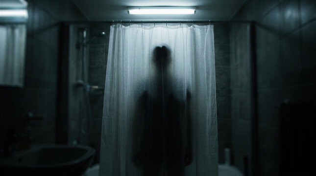 Silhouette of a woman standing behind a shower curtain in a dark bathroom. Scary scene for Halloween concept. Horror movie atmosphere with a mysterious figure in a dimly lit home interior.