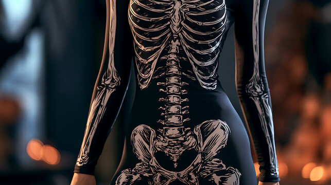 Une personne porte un costume avec un motif de squelette dans un d&eacute;cor sombre