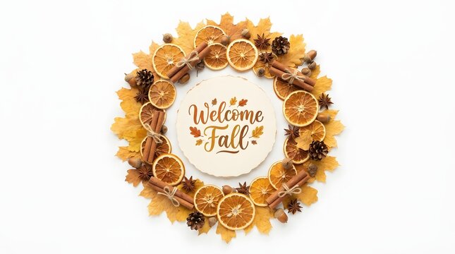 Autumn wreath with dried oranges and cinnamon sticks on white background