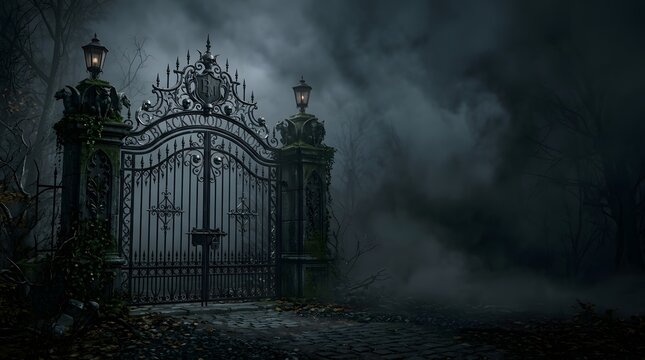 Gothic iron gate of Blackwood Manor shrouded in thick dark fog.