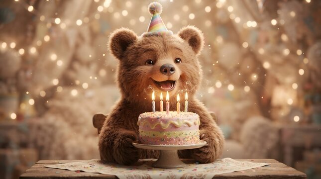 Adorable teddy bear celebrating birthday with cake and candles