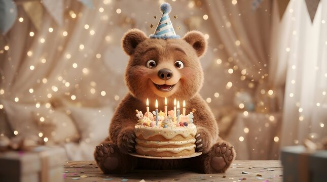 Cute teddy bear celebrating birthday with cake and candles