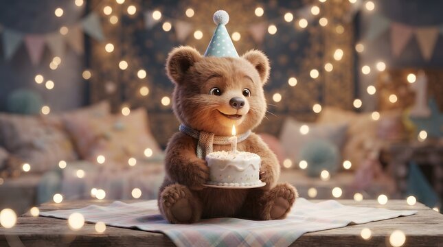 Cute teddy bear with birthday cake and festive lights