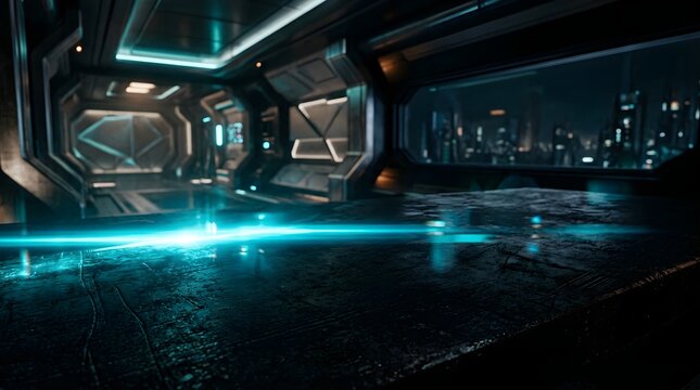Futuristic Sci-Fi Interior with Neon Lighting and City View at Night