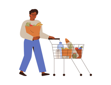 Black man shopping in grocery. Happy Guy walking with full cart of organic food and drinks. Male buys products in supermarket. Vector illustration